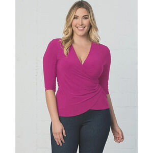 Kiyonna Top Femme Fatale Faux Wrap Orchid Pink 2X Ruched Sexy Packs Well V Neck